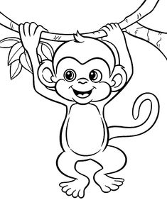 a monkey hanging from a tree branch coloring page