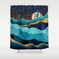 a shower curtain with an image of the desert at night