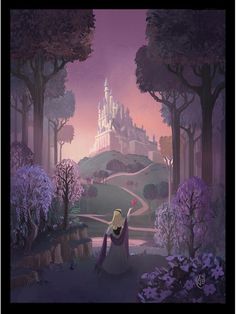 the princess is sitting on her knees in front of an image of a castle at night