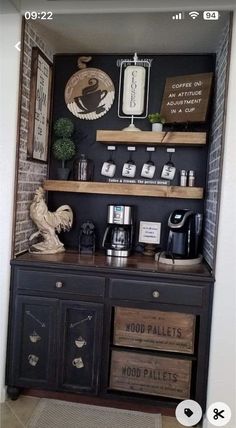 a coffee bar with wooden crates on the top and shelves above it, along with other items