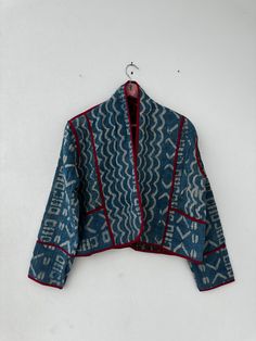 Old Vintage Kantha Gudri Piping Jacket Short Kimono Quilted Handmade For Women Kimono Outer Pattern, Traditional Fitted Long Sleeve Outerwear, Hand-stitched Long Sleeve Outerwear For Fall, Traditional Fitted Cotton Outerwear, Traditional Long Sleeve Winter Blazer, Traditional Winter Outerwear With Pockets, Indigo Long Sleeve Blazer For Fall, Fitted Quilted Jacket With Pockets And Long Sleeves, Blue Cotton Cropped Jacket For Winter