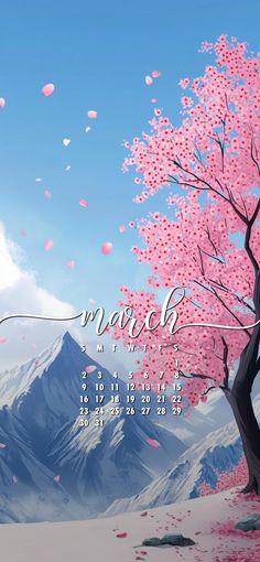 a desktop calendar with pink trees and mountains in the background