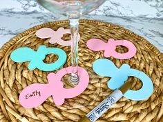 Baby Shower Drink Tags, Pacifier Drink Tags, Wine Glass Drink Tags, Baby Shower Wine Tag, Baby Shower Champagne Black, White, Pink, Blue by SweetLeeHomeDecor on Etsy Wooden Kitchen Signs, Baby Shower Drinks, Drink Tags, Glass Drink, Pet Sympathy Gifts, Menu Planners, Wine Tags, Star Baby Showers, Champagne Flutes