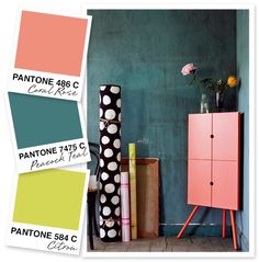 the color scheme is pantone's teal and peach, with black dots