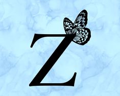 the letter z with a butterfly on it's wing is shown in black against a blue marble background