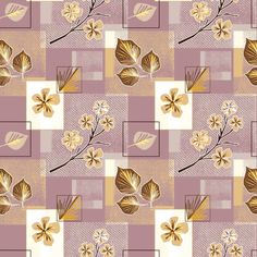 a pattern with flowers and squares in pink, yellow and brown colors on a checkered background