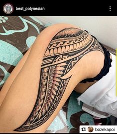 a woman's leg with an intricate tattoo on the thigh and lower half sleeve