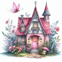 a painting of a pink fairy house surrounded by flowers and plants with a butterfly flying over the door