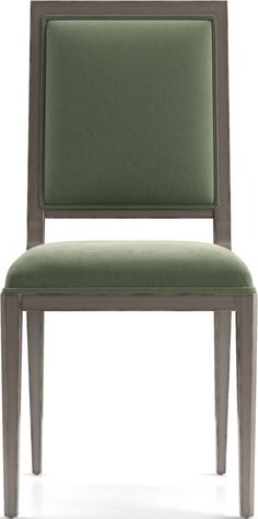 an upholstered chair with dark wood legs and a green fabric seat pad, viewed from the front