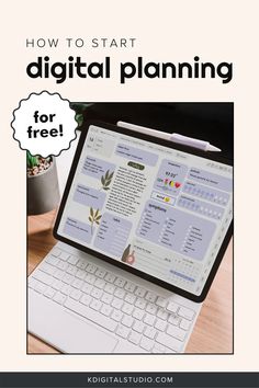 a laptop computer sitting on top of a wooden desk with the title how to start digital planning for free