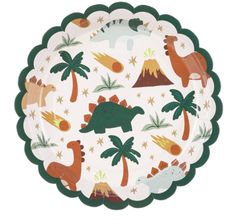 a paper plate with dinosaurs and palm trees on the plates are green, white, and brown