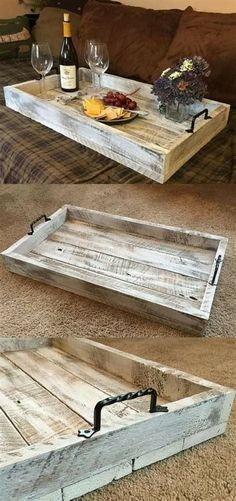 two wooden trays sitting on top of a carpeted floor next to a couch