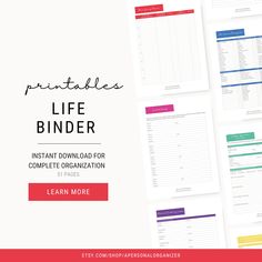 the printable life binder is shown on top of a table