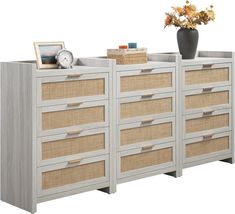 an image of a dresser with drawers and baskets on it's sides, in front of a white background