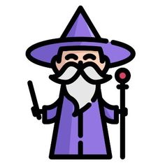 an old wizard holding a wand and wearing a purple hat