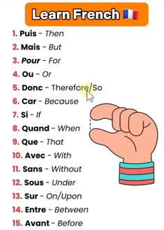 a french language poster with the words learn french in different colors and font, along with an image of a hand pointing at something