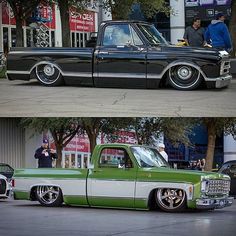 two pictures of an old green and white pickup truck with chrome rims, parked in front of a gas station