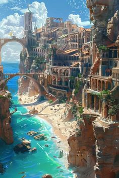 an artist's rendering of a futuristic city by the ocean