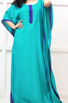 Floor length Turquoise blue  Kaftan dress is made in Lightweight/ Soft feel Rayon fabric. Is is designed with 3/4 Sleeves, a V-neck with lace work on Neck, Arms and waist. Perfect for comfortable evenings , girls Night, Lady night! Also a comfortable maternity wear. Measurement:  One Size  ( bust 40 inches, length 46) , for sizes XS to M                             One Plus Size  ( bust 56 inches, length 46) , for sizes L to XXL                             Care: Cold wash & tumble dry Note: Prod Traditional Blue Floor-length Maxi Dress, Blue Maxi Length Gown For Eid, Blue Maxi Gown For Eid, Traditional Long Blue Dress, Blue Long Dress For Eid, Light Blue Maxi Dress For Eid, Blue Maxi Dress For Wedding, Blue Wedding Maxi Dress, Blue Long Kaftan For Spring