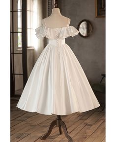 Buy gorgeous off shoulder ruffled tea length wedding dress with spaghetti straps at wholesale price online. Free shipping and pro custom service since 2009. Hijabi Prom Dress, Ivory Prom Dress, Wedding Dress With Spaghetti Straps, White Wedding Party, Prom Dress White, Ivory Prom Dresses, Tea Length Wedding, Wedding Party Dress, Standard Dress