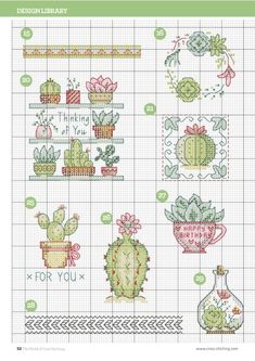 cross stitch pattern with cactus and potted plants on the side, which is shown in green