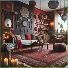 a living room filled with lots of furniture and decor on top of a red rug