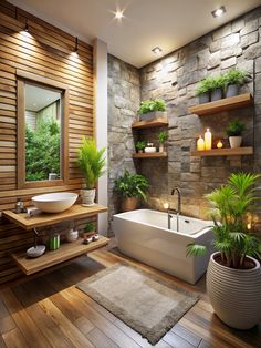 a bath room with a tub a sink and some plants on the shelves next to it