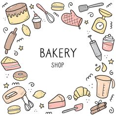 hand drawn bakery items arranged in the shape of a circle on a white background illustration