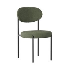 a green chair sitting on top of a metal frame with an armrest and back rest