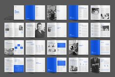 an open book with blue pages on the front and back cover, showing images of men in business suits