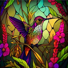 a stained glass window with a colorful hummingbird sitting on a branch in front of flowers