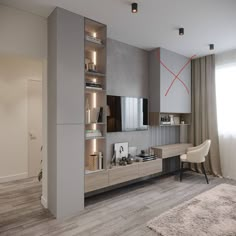 a living room filled with lots of furniture next to a wall mounted tv on top of a wooden shelf