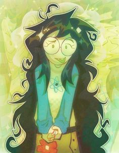 a drawing of a girl with long hair and glasses holding her hand out to the side