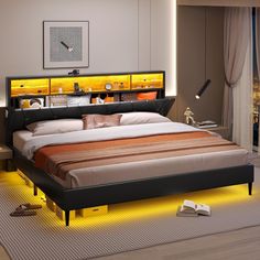 a bedroom with a large bed and yellow lights