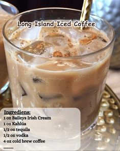 an iced coffee drink with ingredients on the side and information about how long island iced coffee is made