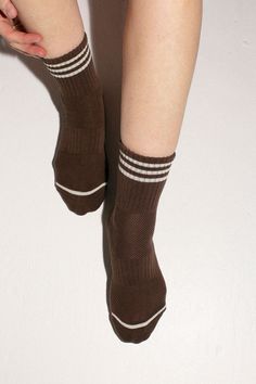 Crew length sock with a ribbed, striped cuff. Cozy, supportive and available in the best colors. Fabric is 85% cotton, 13% polyester, and 2% spandex. Cozy Ribbed Cotton Socks, Cozy Cotton Ribbed Socks, Comfortable Brown Mid-calf Socks, Casual Brown Mid-calf Socks, Brown Ribbed Winter Socks, Comfortable Brown Socks For Fall, Comfortable Cotton Socks With Ribbed Cuffs, Casual Socks With Ribbed Cuffs For Fall, Comfortable Striped Cotton Socks