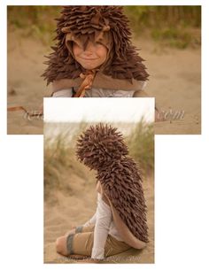 two pictures of a little boy dressed up like a hedge