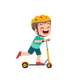 a little boy riding a scooter with helmet on