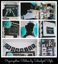 a collage of black and teal decorations