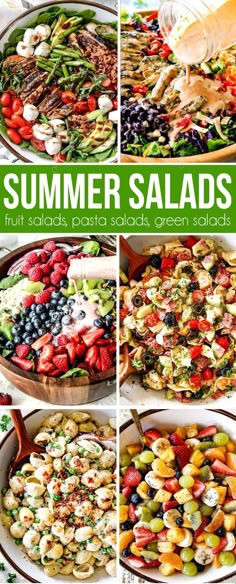 four different salads are shown in this collage with the words summer salads