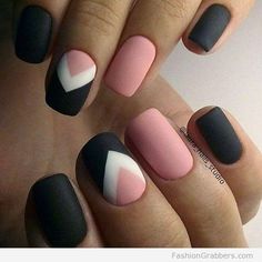 Modern, Black, Pink and White matte nails Colorful Nails, Simple Nail Art Designs, Heart Nails, Fancy Nails, Easy Nail Art, Nail Arts, Creative Nails, Manicure E Pedicure