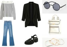 four pieces of clothing and accessories including shoes, sunglasses, handbag, tote bag