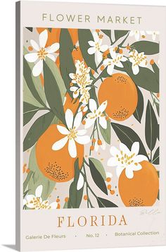 an orange flower market poster with white flowers and green leaves on a peach colored background