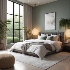 a large bed sitting next to a window in a bedroom