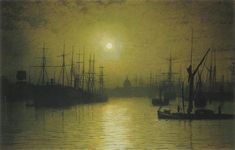 a painting of boats in the water at sunset