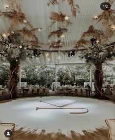 an ice rink with tables and chairs in the center, surrounded by tall trees on either side