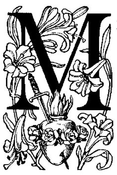 the letter m with flowers and leaves on it, vintage line drawing or engraving illustration