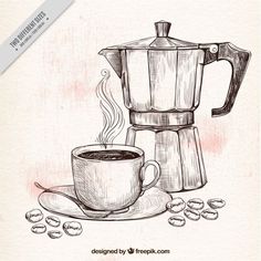 a drawing of a coffee maker and cup