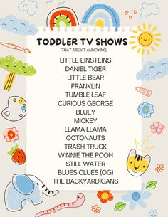 the toddler tv shows list is shown in front of a white background with colorful doodles