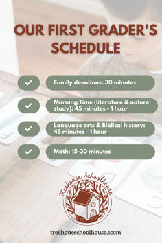 the first grader's schedule is shown with an image of a child at a table